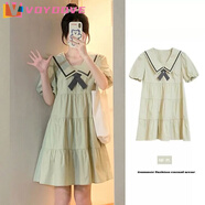 VOYDOVE夏季新款學(xué)院風(fēng)減齡短袖連衣裙女學(xué)生韓版寬松顯瘦百搭a字蛋糕裙 淺綠色【z】 M