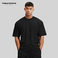 TOMATOPAPA短袖t恤圓領(lǐng)男寬松落肩透氣體恤純色居家情侶上衣套衫 黑色(重磅棉305克±5%g_m) S _偏大
