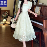 羅蒙（ROMON）法式氣質(zhì)方領(lǐng)大碼連衣裙子女夏季2025新款高級感收腰顯瘦初戀長(cháng)裙 藤條花淺綠色【版 垂感好】 M 【90-105斤左右】