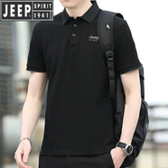 JEEP SPIRIT吉普 短袖t恤男純色商務(wù)翻領(lǐng)POLO衫夏季透氣寬松大碼半袖上衣男裝 黑色 M