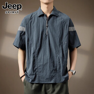 JEEP SPIRIT正品吉普高端短袖男山系戶(hù)外美式復古t恤男夏季速干半拉鏈上衣男 246孔雀藍T恤 XL 碼  適合140-160斤