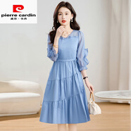 皮爾卡丹（pierre cardin）冰絲連衣裙女春秋長(zhǎng)袖收腰顯瘦高端小個(gè)子巨好看減齡洋氣早秋裙子 藍(lán)色-巨好看的掐腰連衣裙法式海邊度假氣質(zhì)微胖簡(jiǎn)單大 M  【適合85-105斤】