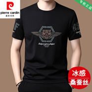 皮爾卡丹（pierre cardin）短袖T恤男桑蠶絲夏季新品中年冰 絲潮流印花寬松時尚半袖上衣 916黑色 M 165(適合體重90-120斤)