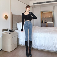 佐馬仕 牛仔褲女秋冬季加絨加厚顯高顯瘦超高腰牛仔褲女春秋深藍(lán)色緊身九分鉛筆修身小腳彈力褲子女 復(fù)古藍(lán) S 適合84-96斤