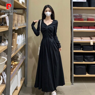 皮爾卡丹（pierre cardin）高級感赫本黑色V領(lǐng)長袖連衣裙春季新款大碼胖mm收腰顯瘦垂感長裙 黑色連衣裙設(shè)計(jì)感小眾/冷淡系/感 M (80-100斤)