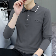 花花公子（PLAYBOY）純棉小翻領(lǐng)男士長(cháng)袖T恤有帶領(lǐng)子春秋衣帥氣外穿上衣男裝polo.衫薄 碳灰色 5010 M