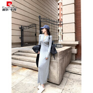 皮爾卡丹（pierre cardin）灰色長(cháng)袖針織連衣裙女春季氣質(zhì)修身長(cháng)裙打底裙半開(kāi)領(lǐng)緊身包臀裙子 灰色 均碼