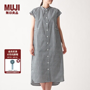 無印良品 MUJI 女式 棉混彈力 法國袖連衣裙 BCL14A0S 黑色X格子 L