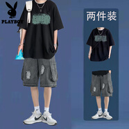 花花公子純棉短袖t恤男款夏季寬松半袖青少年上衣搭配牛仔褲潮牌2件套裝 黑色短袖+黑色五分牛仔褲 贈(zèng)項(xiàng)鏈 S