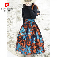 皮爾卡丹（pierre cardin）遮肚印花蓬蓬裙復古傘裙優(yōu)雅中長(cháng)裙高腰半身裙女法式遮肉秋冬款 藍橘色 S