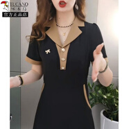 啄木鳥(niǎo)冰絲棉西裝領(lǐng)短袖連衣裙女2025夏天新款洋氣高端精致媽媽黑色裙子 黑色 5XL 【建議170-190】