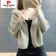 皮爾卡丹（pierre cardin）短外套毛衣2025春裝新款女長(cháng)袖寬松帶帽針織衫早秋冬開(kāi)衫厚蝙蝠衫 淺咖 S 建議85-95斤