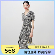 敦奴（DUNNU）dunnu敦奴2024夏新款顯瘦V領(lǐng)雪紡植物花卉印花連衣裙女 正黑色 S