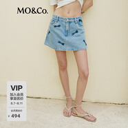 MO&Co.蝴蝶結(jié)洗水印花土耳其牛仔裙褲短褲美式復(fù)古褲子女摩安珂 牛仔藍(lán)色-第2批 L 28
