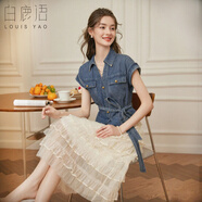 白鹿語牛仔撞色網(wǎng)紗拼接連衣裙2025夏季新款系帶長款蛋糕裙 藍(lán)拼杏  S 