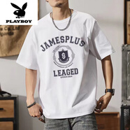 花花公子（PLAYBOY）250克純棉短袖t恤男美式復古字母體恤夏季款圓領(lǐng)寬松百搭男士上衣 白色 250克純棉1026 S 90-110斤