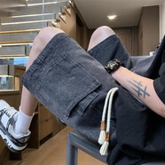 Shelley Jones工裝牛仔短褲男夏季薄款美式高街大碼水洗做舊痞帥寬松休閑五分褲 黑色 【牛仔面料厚實(shí)有筋骨，耐磨抗造 XL [推薦120-140斤]