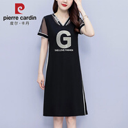 皮爾卡丹今年流行裙子顯瘦遮肉夏時尚胖mm大尺碼女裝減齡高端精致連衣裙 黑色 M 建議95-104斤