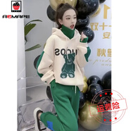 AEMAPE加絨加厚衛(wèi)衣女2025秋冬新款韓版百搭顯瘦休閑拼色長袖連帽上衣 薄款兩件套杏色衛(wèi)衣+綠色衛(wèi)褲 M _建議80-100斤