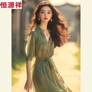 恒源祥綠色雪紡連衣裙女2025夏季新中式小立領(lǐng)超仙薄荷曼波風(fēng)時(shí)尚長裙 綠色連衣裙 M 【建議95-105斤】
