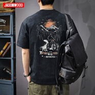JASONWOOD男士短袖T恤夏季寬松百搭透氣休閑衣服新款潮流簡約彈力圓領上衣 1871黑色 XL