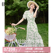 歐莎（OSA）【竹吟連衣裙】度假風(fēng)茶歇碎花裙連衣裙子女夏季新款顯瘦中長(cháng)裙 白底綠花 M