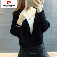 皮爾卡丹（pierre cardin）短外套毛衣2025春裝新款女長(cháng)袖寬松帶帽針織衫早秋冬開(kāi)衫厚蝙蝠衫 黑色 S 建議85-95斤