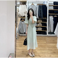 溥畔韓國夏泡泡袖連衣裙女收腰V領氣質(zhì)仙女裙中長裙子 薄荷綠 L