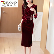 啄木鳥(niǎo)酒紅色金絲絨洋裝女2025春秋新款V領(lǐng)喜婆婆婚宴裝禮服長(cháng)版 紅色 XL 適合115-125斤