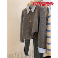 貝仙祺灰色假兩件polo襯衫領(lǐng)內(nèi)搭毛衣女春季短款慵懶風(fēng)寬松打底針織上衣 灰色毛衣 S 建議75-95斤