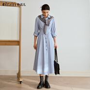 Olrain歐芮兒秋女裝通勤藍色條紋收腰襯衫連衣裙顯瘦長(cháng)裙  藍色條紋 M