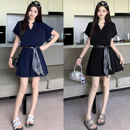 2025夏裝新款胖mm大碼女氣質(zhì)時(shí)尚v領(lǐng)短袖小衫飄帶高腰短褲套裝 寶藍(lán)色 XL (【建議120-140斤】)