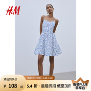 H&M女裝連衣裙夏季露肩喇叭裙擺碎花印花吊帶裙短裙連身裙1231427 白色/藍色花卉 L 170/104
