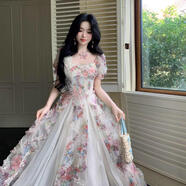 小紅書(shū)爆款花嶼漫游 法式浪漫復古重工立體花朵網(wǎng)紗拼接感連衣裙 倆件套(連衣裙+胸花) M95-105 均碼