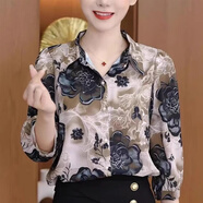 中年媽媽襯衫七分袖印花開(kāi)衫襯衣洋氣女士顯瘦減齡大碼百搭上衣夏 灰花 3XL (145-161斤