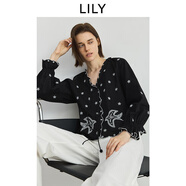LILY2025秋新款棉麻波嬉風(fēng)花邊設計感波西米亞繡花V領(lǐng)長(cháng)袖襯衫女 510黑 XL