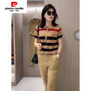 皮爾卡丹（pierre cardin）冰絲條紋短袖polo衫女夏季歐洲站洋氣翻領(lǐng)T恤寬松半袖上衣潮 529條紋飛馬【駝色】 M 80-95斤