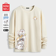 名創(chuàng)優(yōu)品（MINISO）純棉t恤男大碼潮牌圓領長袖200斤胖子男裝衣服休閑簡約內搭打底衫 淺米(m疊貓趴胸_m大疊貓趴右下) XL 180(體重140-160斤左右)