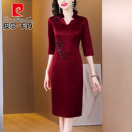 皮爾卡丹喜婆婆婚宴裝醋酸緞禮服裙2025秋季新款時(shí)尚優(yōu)雅復古修身連衣裙女 酒紅色 XL