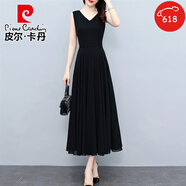 皮爾卡丹（pierre cardin）無袖V領(lǐng)收腰顯瘦A字雪紡連衣裙黑色打底背心長裙胖肥MM女秋夏 黑色 4XL 適合140-150斤