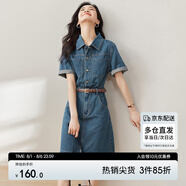 尚都比拉復古襯衫領(lǐng)工裝短袖牛仔連衣裙休閑顯瘦小個(gè)子裙子 牛仔藍 L 