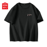 名創(chuàng)優(yōu)品（MINISO）純棉t恤男夏季2025新款衣服青少年親膚透氣時尚寬松大碼冰感短袖 黑色(m幸運四葉胸標(biāo)) XL 180 (不起球不掉色)