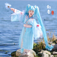 今兮古兮女童漢服套裝春季初音未來超仙古風直裾袍幼兒園中秋女孩寶藍100