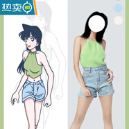 何健弓毛利蘭cos服名偵探柯南毛利蘭一套掛脖背心白色牛仔短褲女夏季套 綠色掛脖上衣+白色短褲 S