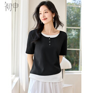初申夏季短袖T恤女設計感撞色假兩件顯瘦休閑上衣S52T015