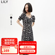 LILY夏新款女裝浪漫印花法式優(yōu)雅方領(lǐng)慵懶泡泡袖高腰連衣裙女 510黑 M