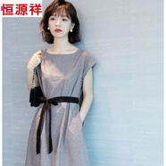 恒源祥千鳥格亞麻棉連衣裙2025夏季新款圓領(lǐng)腰帶修身寬松優(yōu)雅女士中長款 深空灰 M