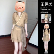 圣保美Polo襯衫女裝長(cháng)袖夏季新款連衣裙2025法式高腰顯瘦半身裙套裝秋裝 【卡其色套裝】不含圍巾 S 碼