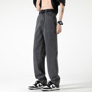 閃爆大碼水洗潮牌牛仔褲男褲美式修身直筒長(cháng)褲秋冬新款潮流高級感 黑灰色 L