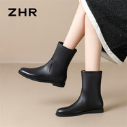 ZHR頭層牛皮女靴高級感平底短靴女百搭直筒靴子女 S537 尊貴黑 38 